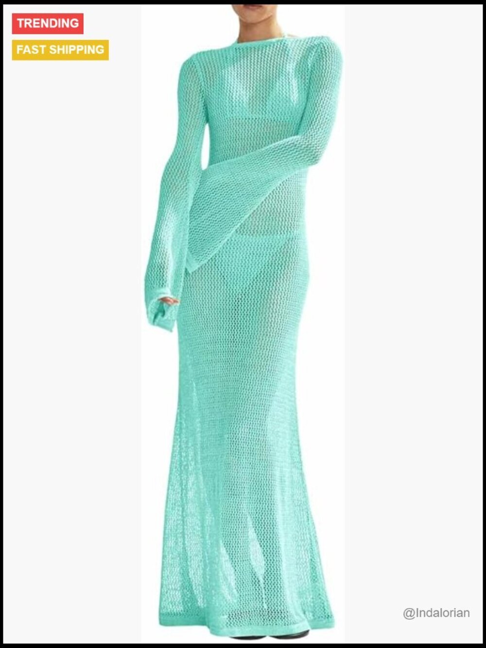 Crochet Long Sleeve Backless Knit Swimsuit Coverup Maxi Dress Beach